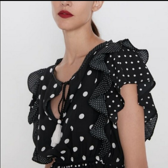 ZARA Contrasting polka-dot Ruffle mini Dress Black🎁 - Picture 5 of 5
